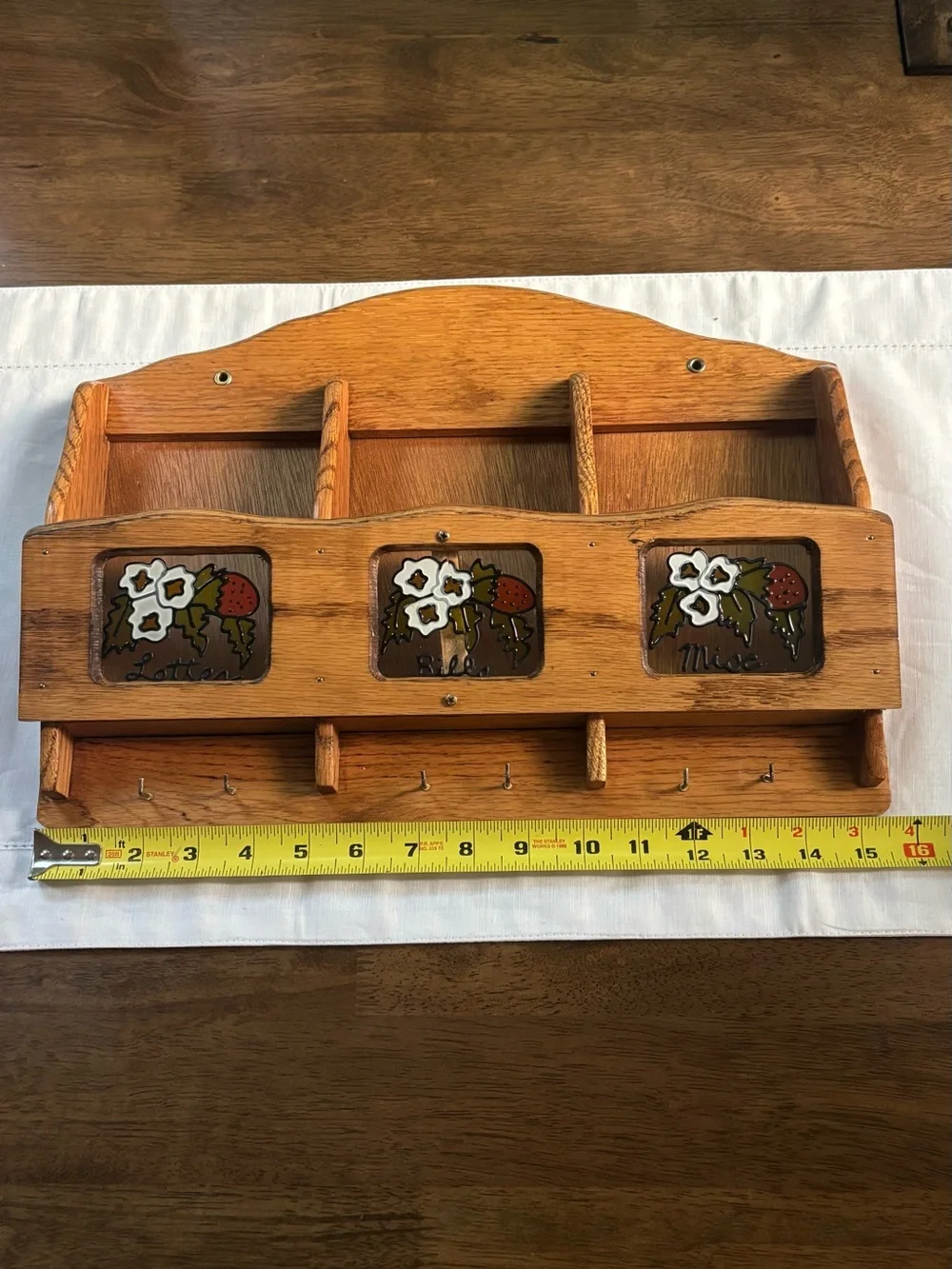 Vintage Wooden Wall Mail & Key Hanger with Strawberry Window Accents Cottagecore